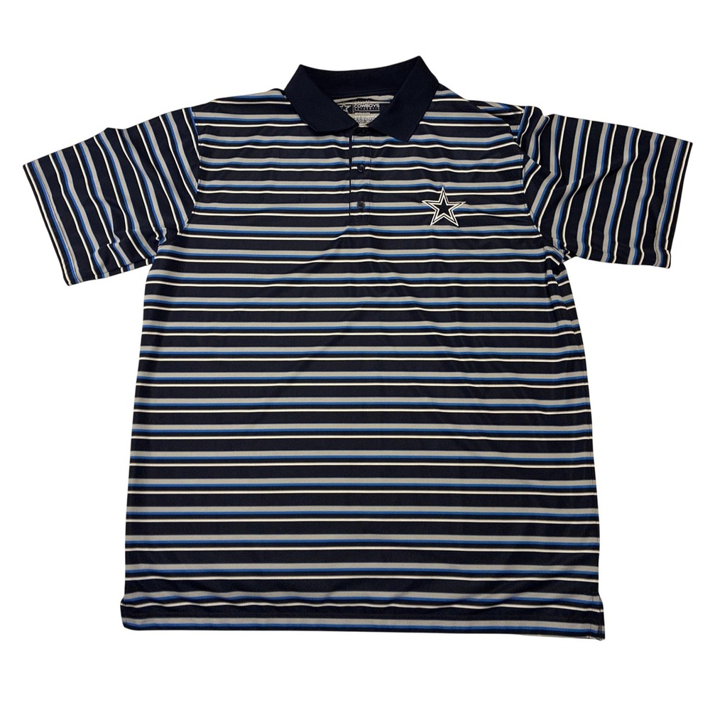 Dallas‎ Cowboys Authentic Mens XL Striped Polo Shirt Navy Blue Silver Star Logo